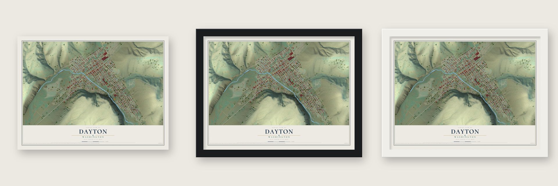 Dayton, Washington map unframed, in a black wood frame and in a white wood frame