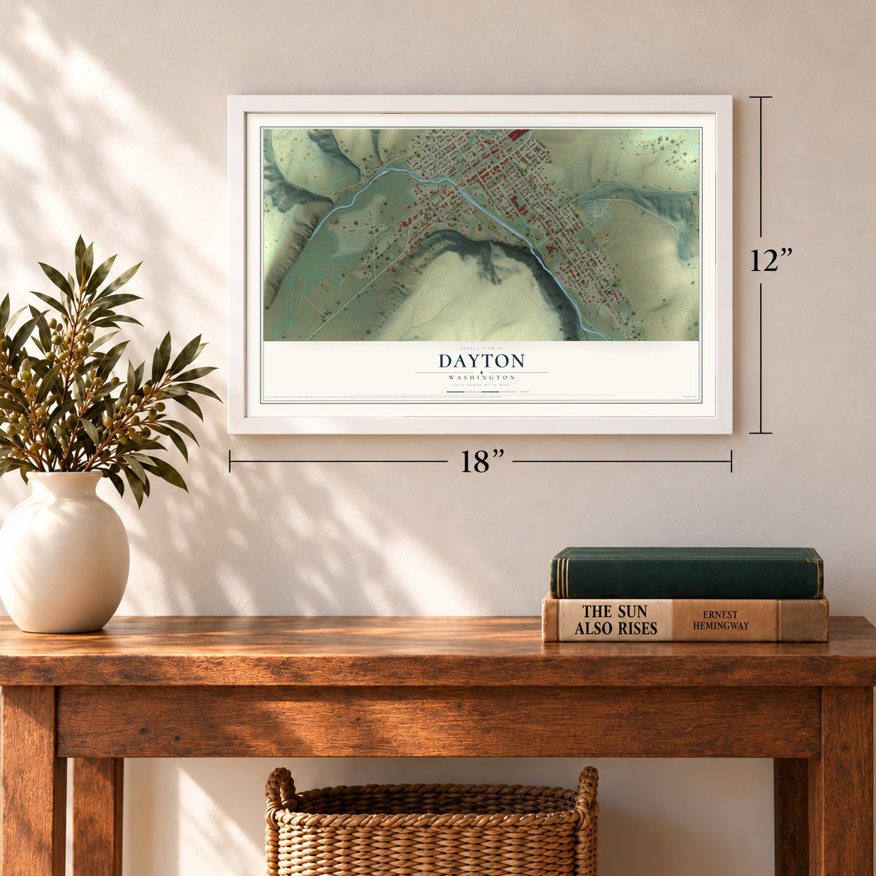 Dayton, Washington map, 12 x 18 inch print in a white frame in an entryway