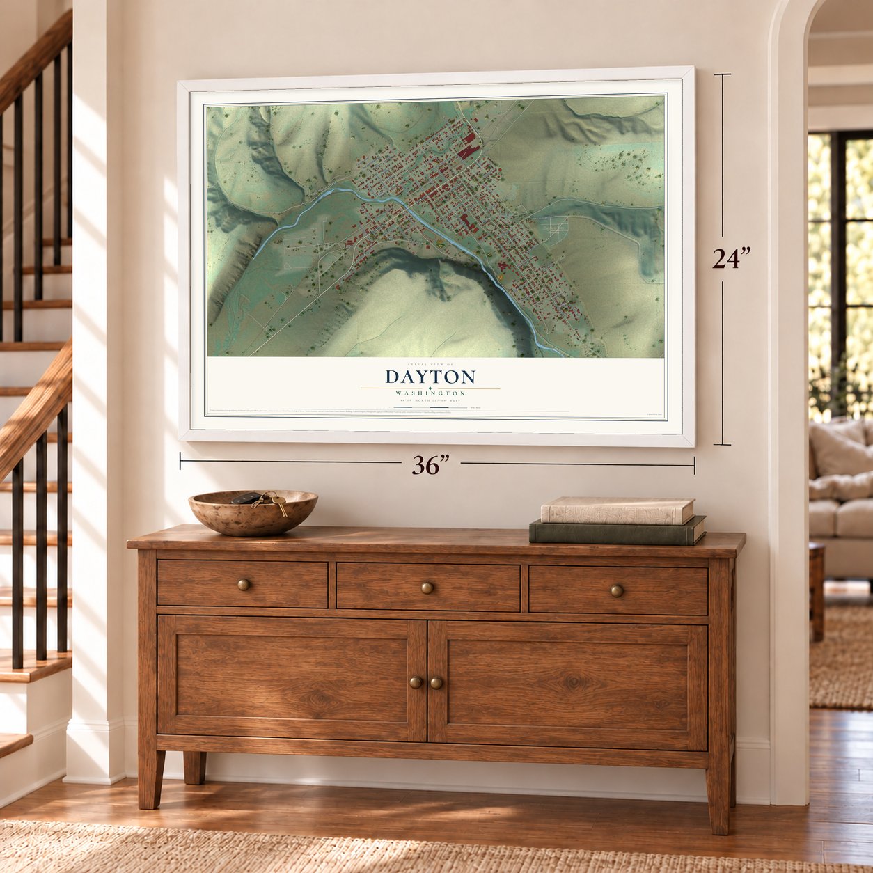 Dayton, Washington map, 24 x 36 inch print in a white frame above a dresser by a staircase