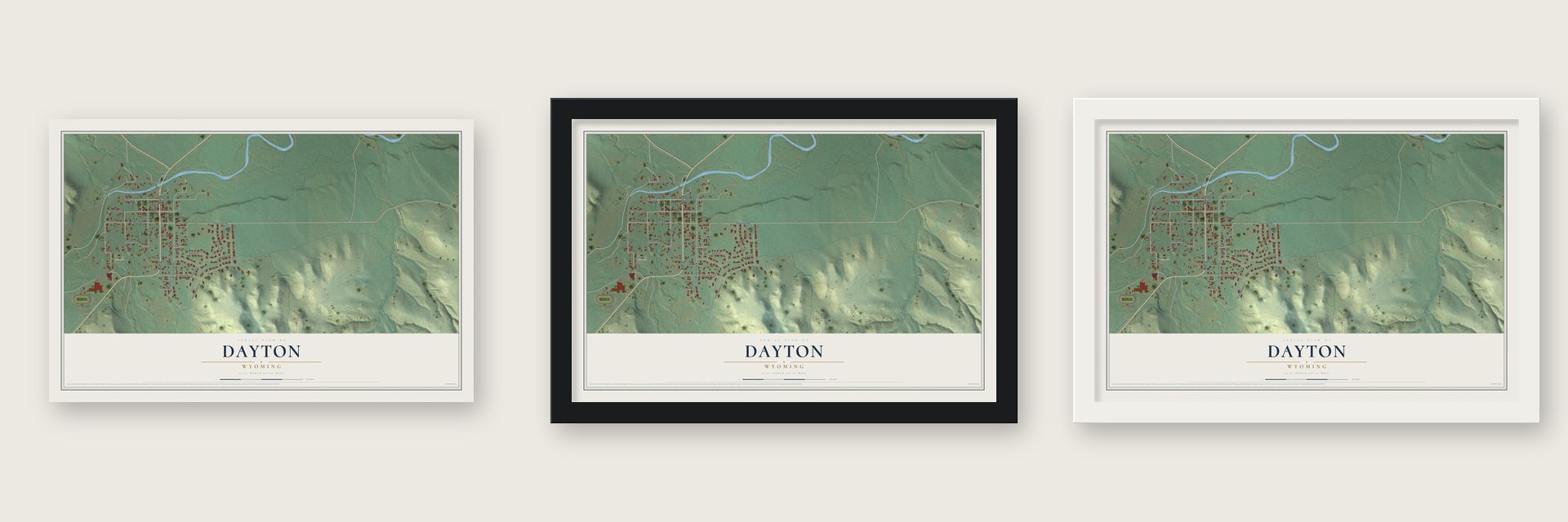 Dayton, Wyoming map unframed, in a black wood frame and in a white wood frame