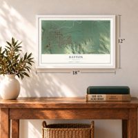 Dayton, Wyoming map, 12 x 18 inch print in a white frame in an entryway
