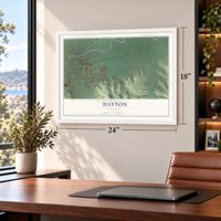 Dayton, Wyoming map, 18 x 24 inch print in a white frame in a home office