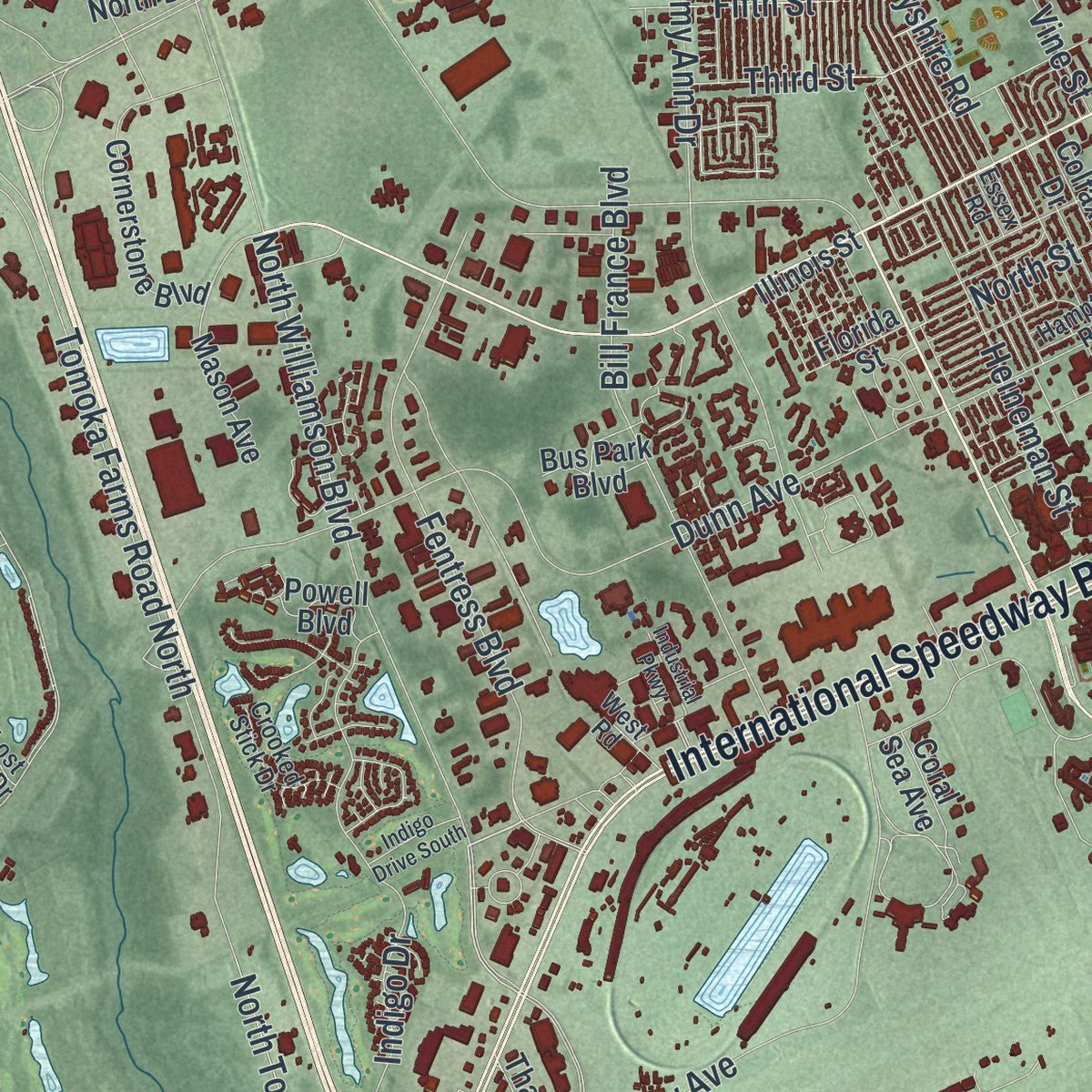 Second close-up of the map of Daytona Beach, Florida print showing more streets and buildings