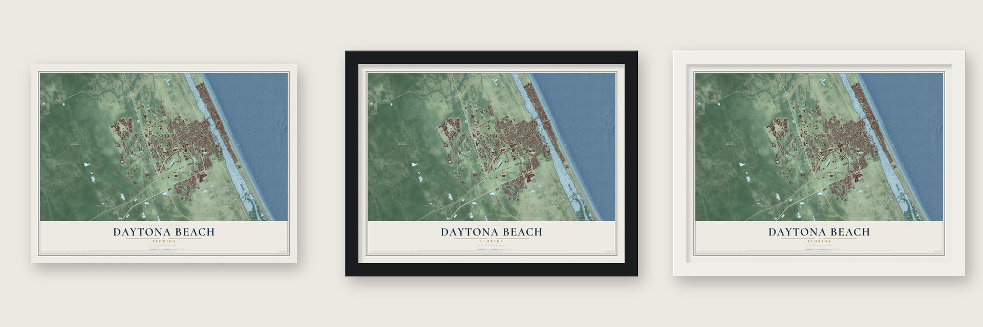 Daytona Beach, Florida map unframed, in a black wood frame and in a white wood frame
