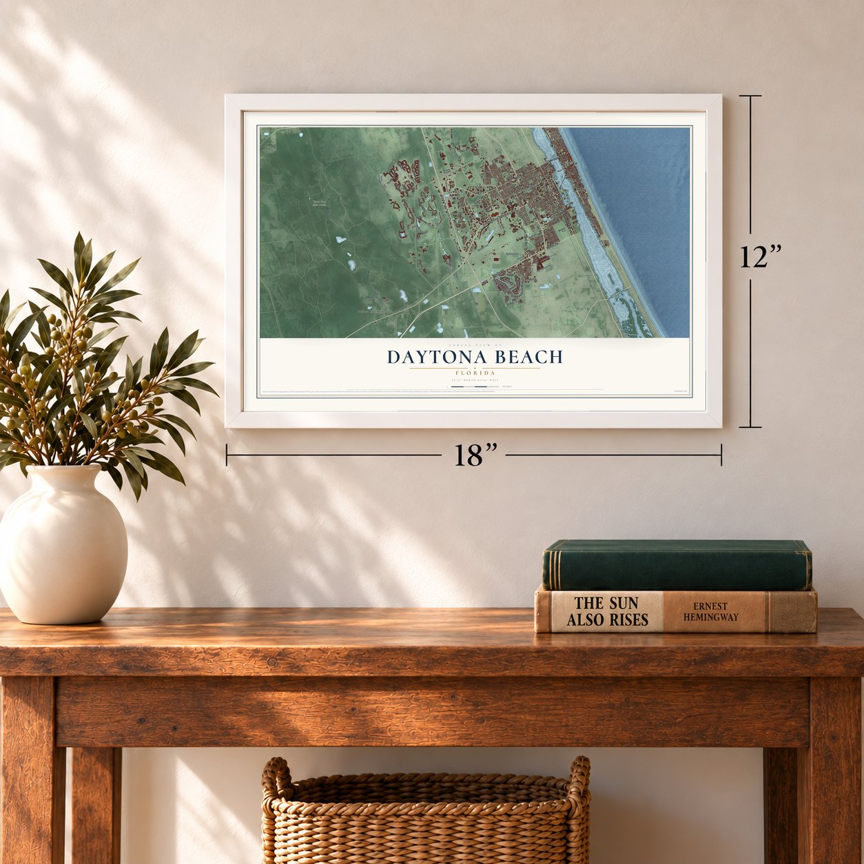Daytona Beach, Florida map, 12 x 18 inch print in a white frame in an entryway