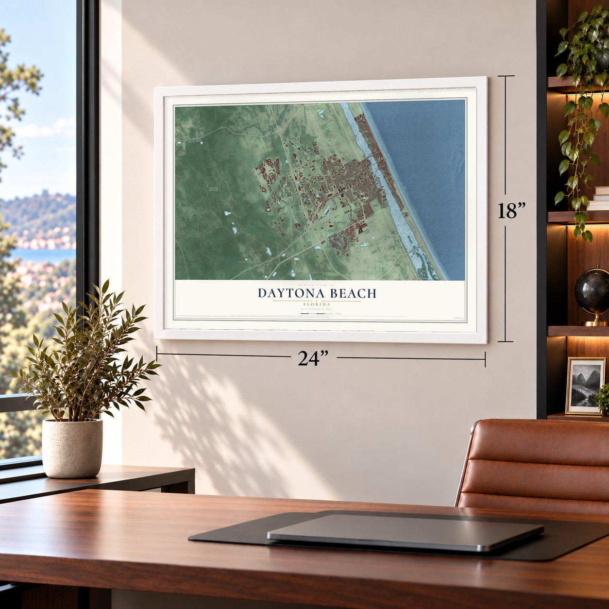 Daytona Beach, Florida map, 18 x 24 inch print in a white frame in a home office
