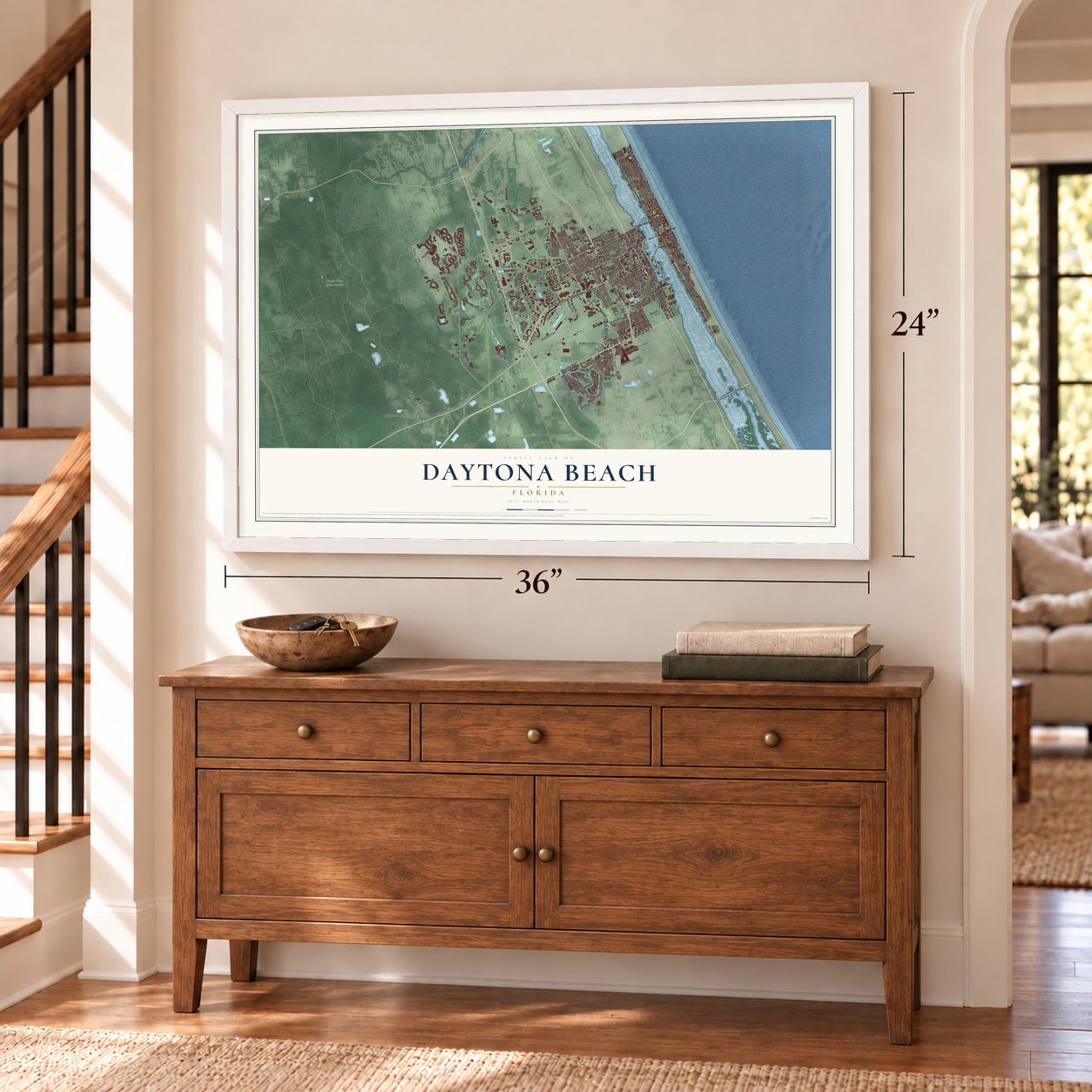 Daytona Beach, Florida map, 24 x 36 inch print in a white frame above a dresser by a staircase