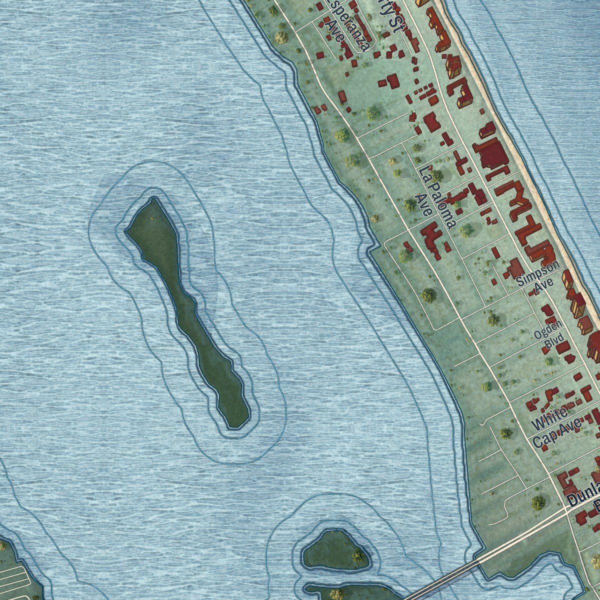 Second close-up of the map of Daytona Beach Shores, Florida print showing more streets and buildings