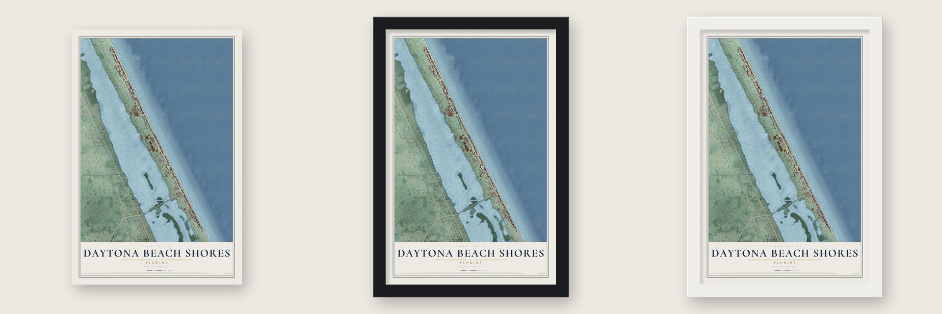 Daytona Beach Shores, Florida map unframed, in a black wood frame and in a white wood frame