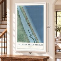 Daytona Beach Shores, Florida map, 24 x 36 inch print in a white frame by a staircase