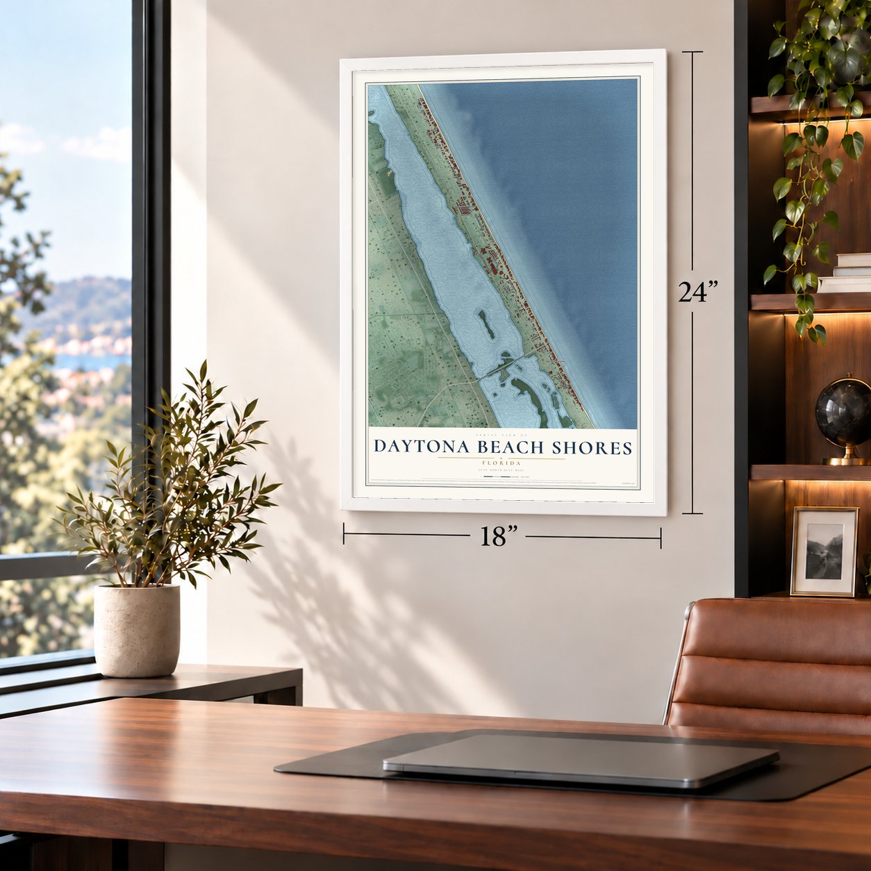 Daytona Beach Shores, Florida map, 18 x 24 inch print in a white frame in a home office