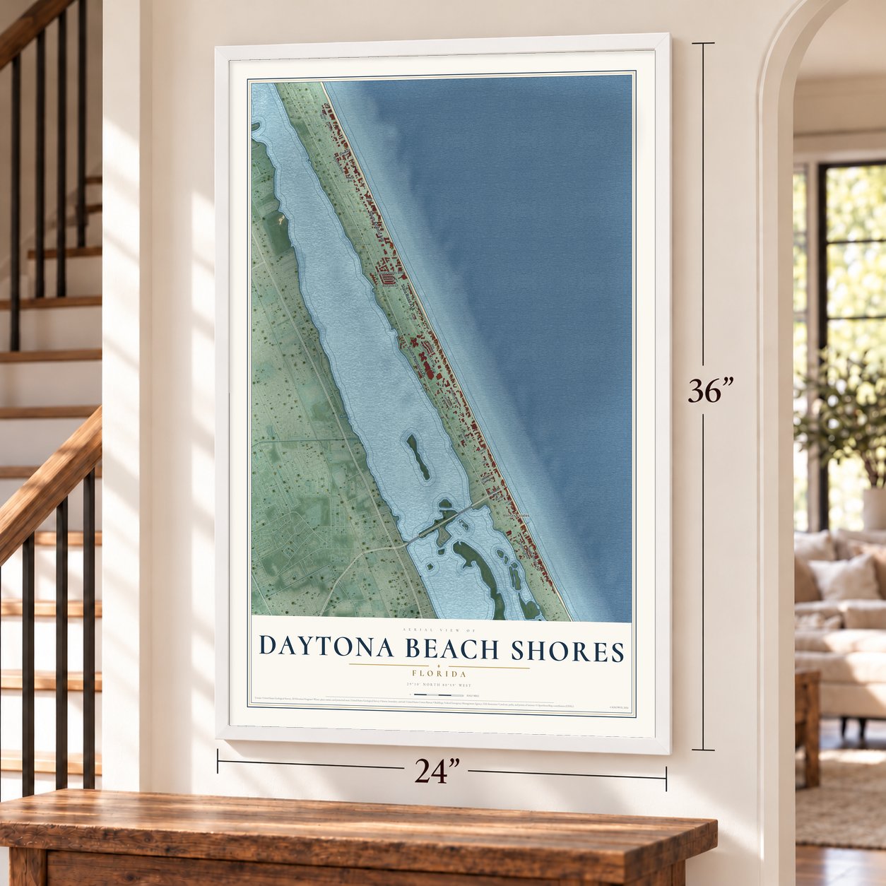 Daytona Beach Shores, Florida map, 24 x 36 inch print in a white frame by a staircase