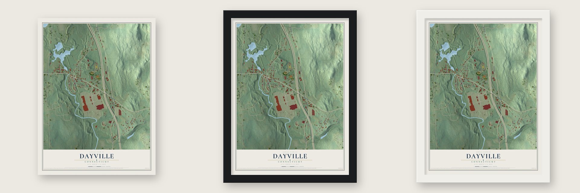 Dayville, Connecticut map unframed, in a black wood frame and in a white wood frame
