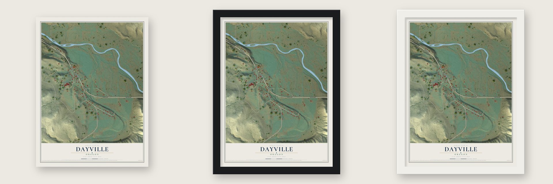Dayville, Oregon map unframed, in a black wood frame and in a white wood frame