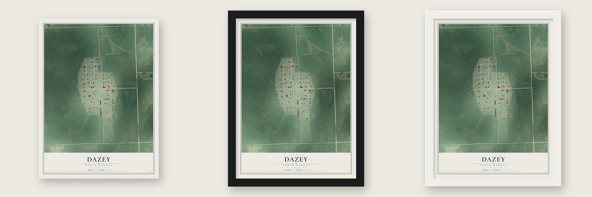 Dazey, North Dakota map unframed, in a black wood frame and in a white wood frame