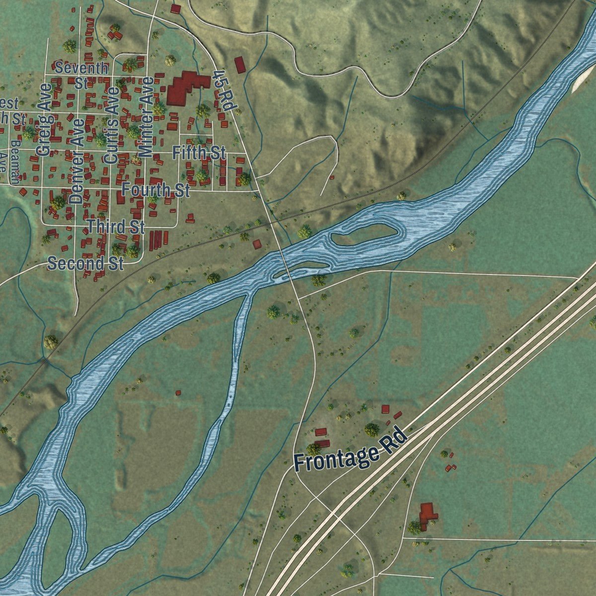 Second close-up of the map of De Beque, Colorado print showing more streets and buildings