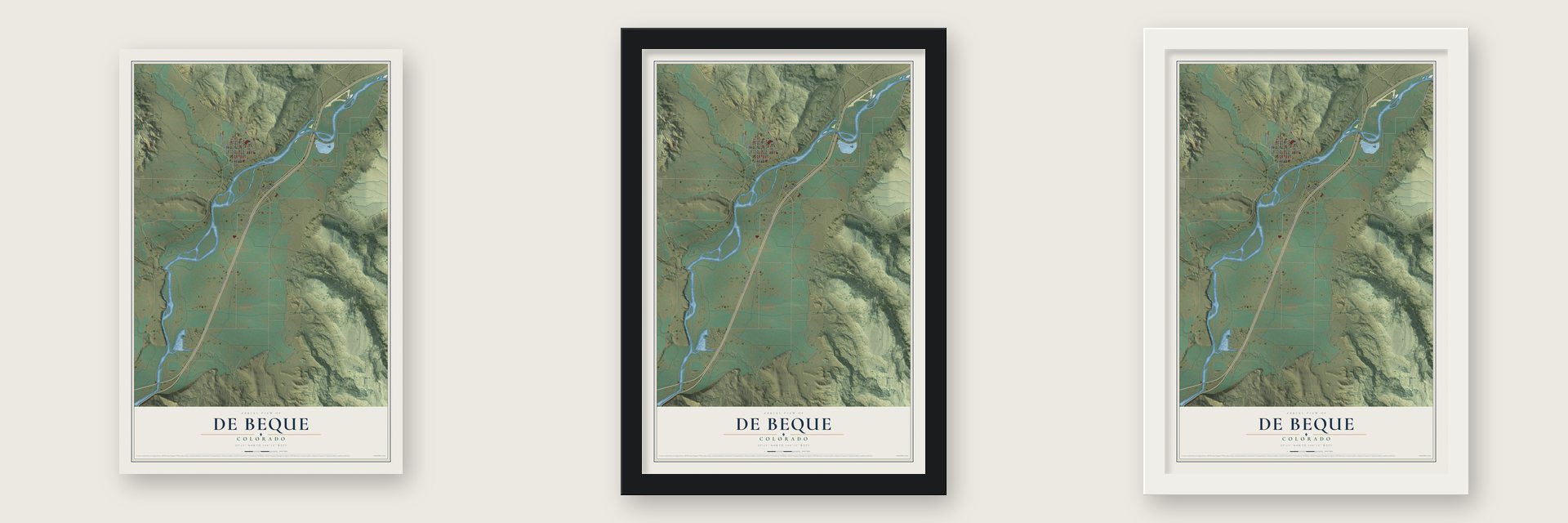 De Beque, Colorado map unframed, in a black wood frame and in a white wood frame