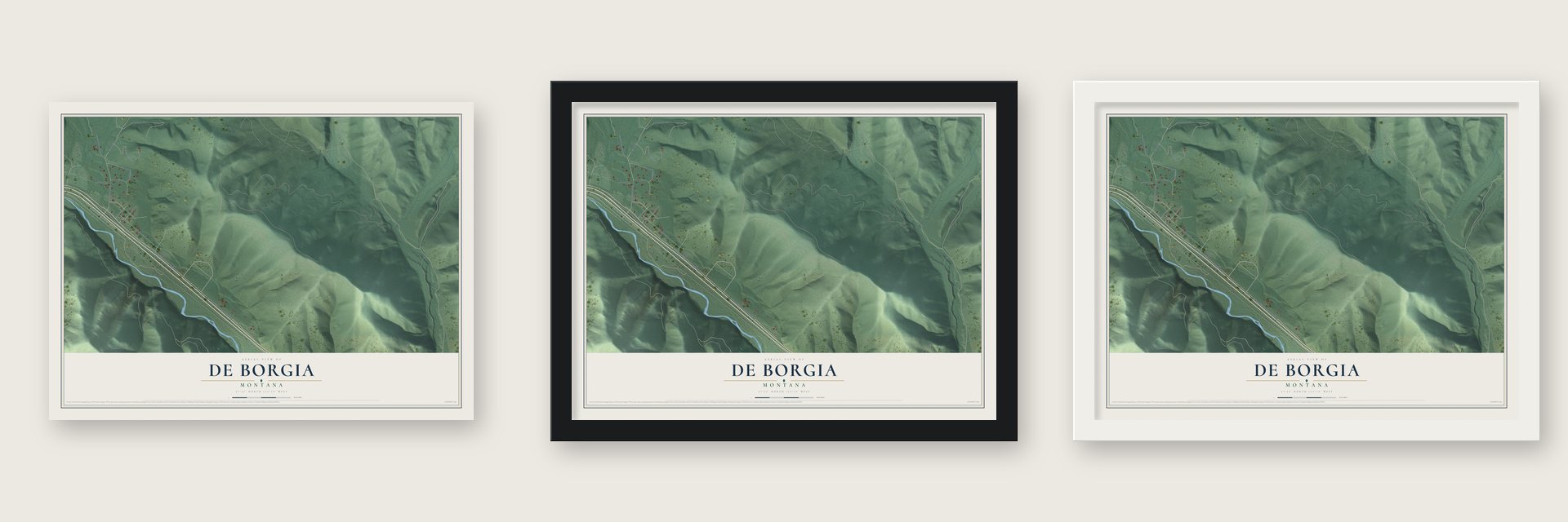 De Borgia, Montana map unframed, in a black wood frame and in a white wood frame