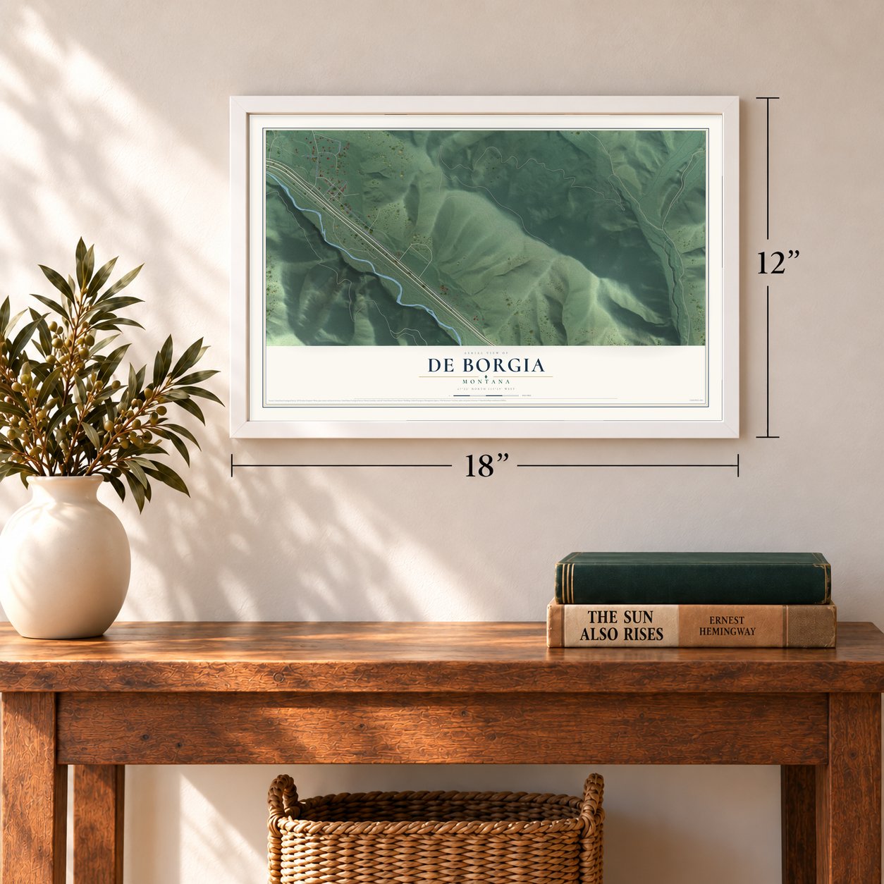 De Borgia, Montana map, 12 x 18 inch print in a white frame in an entryway