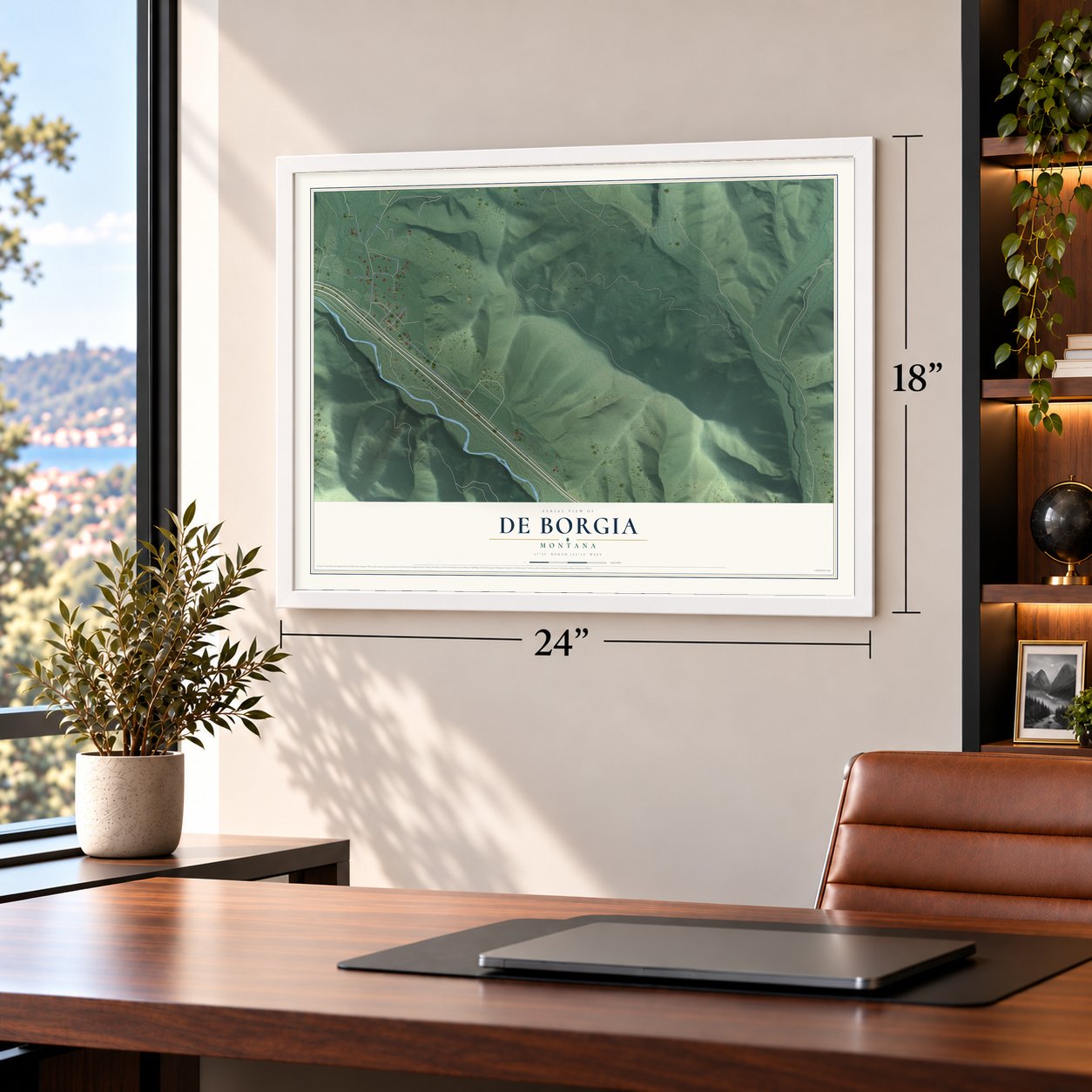 De Borgia, Montana map, 18 x 24 inch print in a white frame in a home office