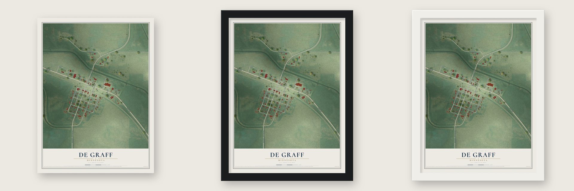 De Graff, Minnesota map unframed, in a black wood frame and in a white wood frame