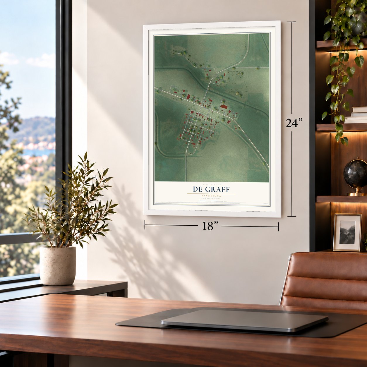 De Graff, Minnesota map, 18 x 24 inch print in a white frame in a home office