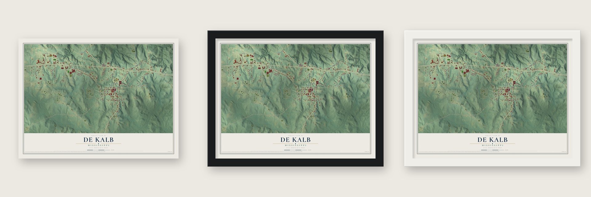 De Kalb, Mississippi map unframed, in a black wood frame and in a white wood frame