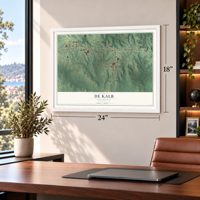 De Kalb, Mississippi map, 18 x 24 inch print in a white frame in a home office