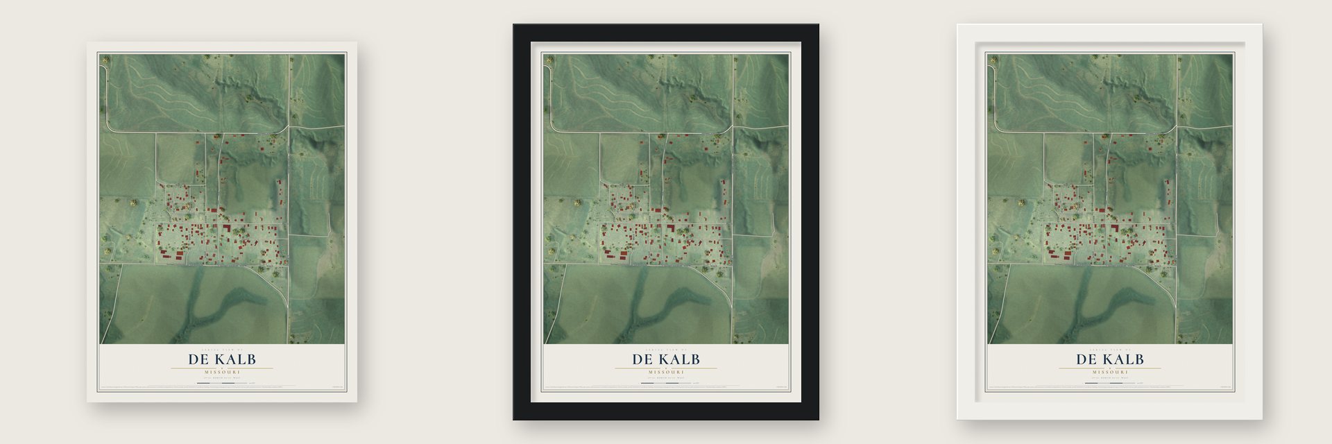De Kalb, Missouri map unframed, in a black wood frame and in a white wood frame