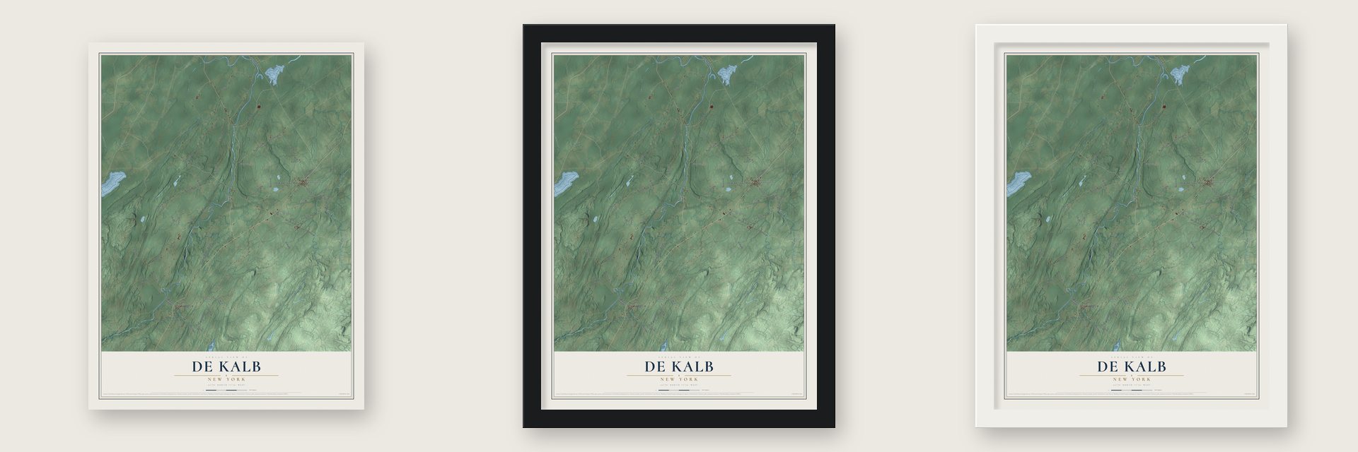 De Kalb, New York map unframed, in a black wood frame and in a white wood frame