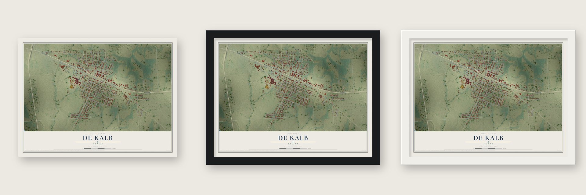 De Kalb, Texas map unframed, in a black wood frame and in a white wood frame