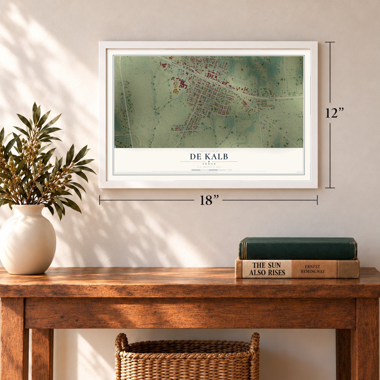 De Kalb, Texas map, 12 x 18 inch print in a white frame in an entryway