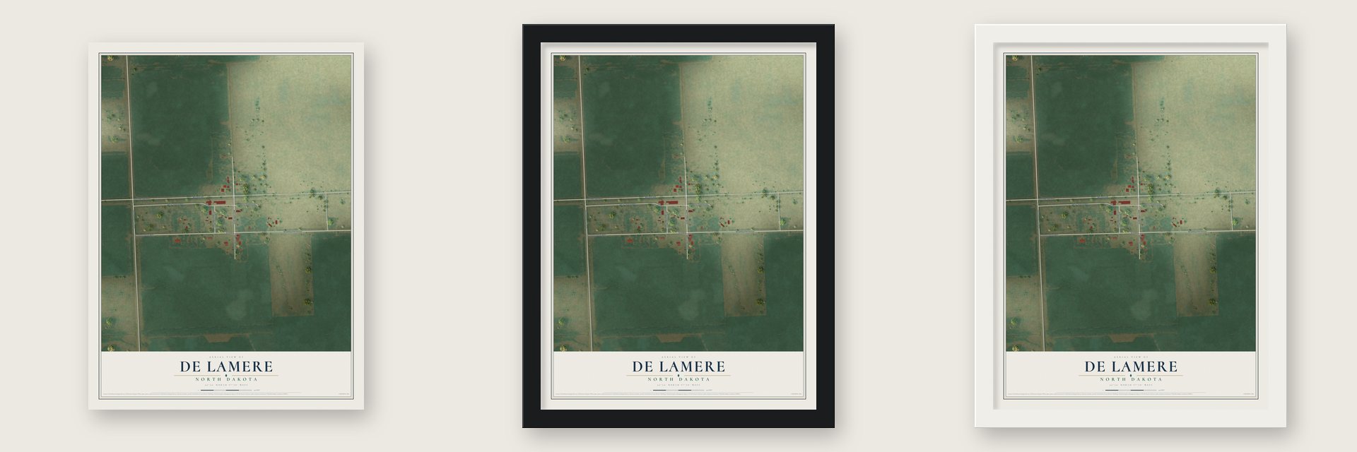 De Lamere, North Dakota map unframed, in a black wood frame and in a white wood frame