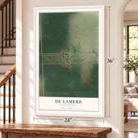 De Lamere, North Dakota map, 24 x 36 inch print in a white frame by a staircase