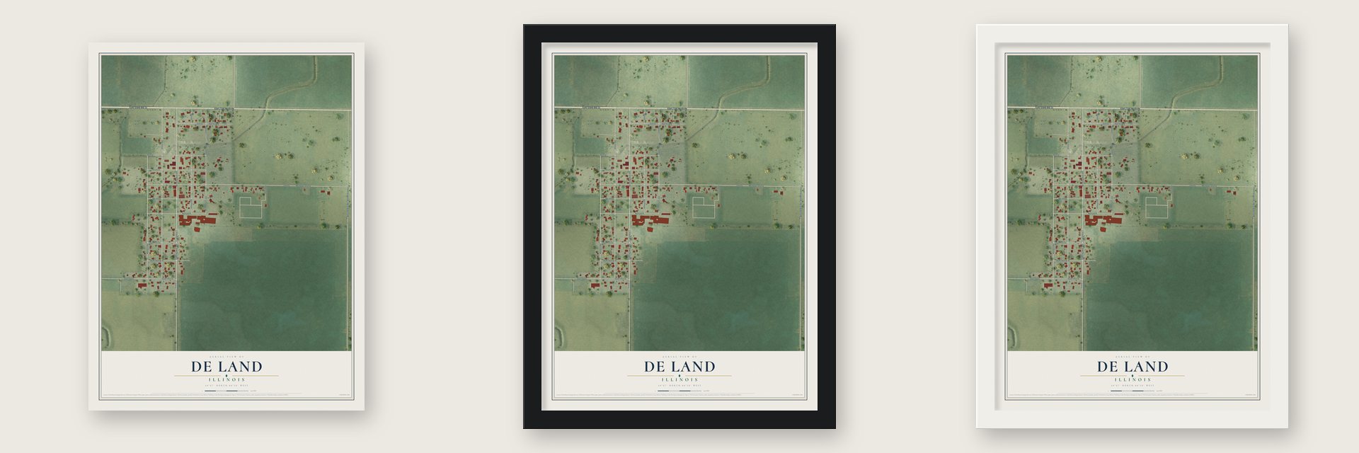 De Land, Illinois map unframed, in a black wood frame and in a white wood frame
