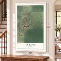 De Land, Illinois map, 24 x 36 inch print in a white frame by a staircase