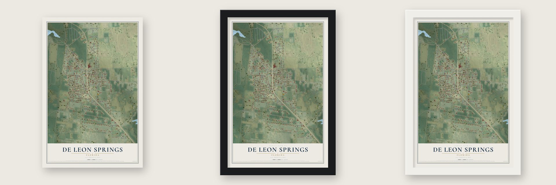 De Leon Springs, Florida map unframed, in a black wood frame and in a white wood frame
