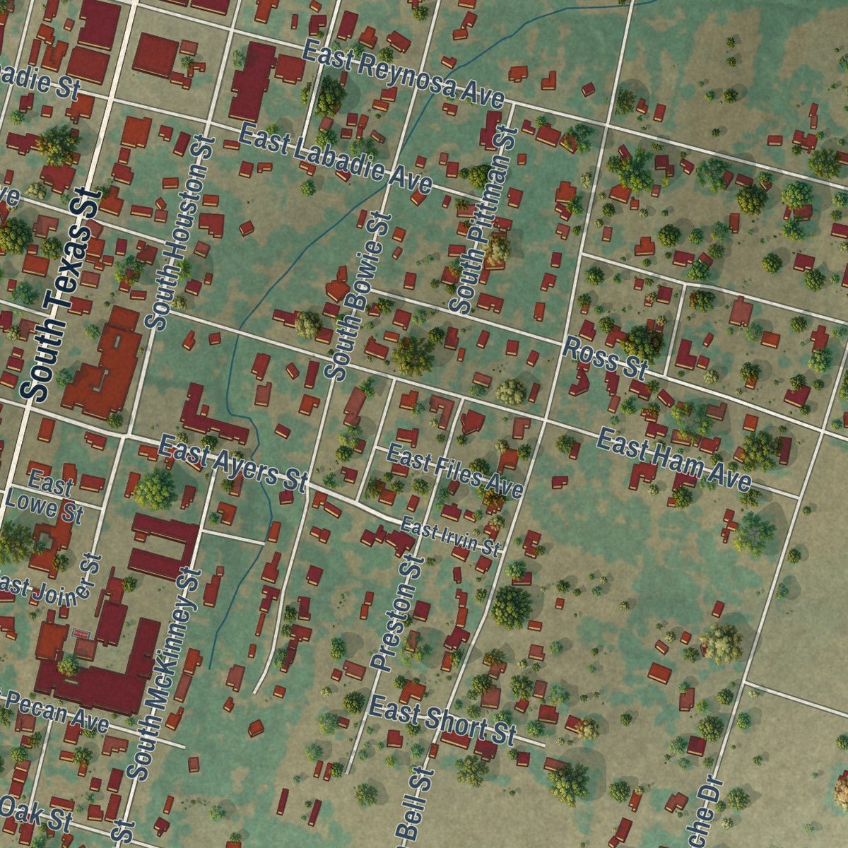 Second close-up of the map of De Leon, Texas print showing more streets and buildings