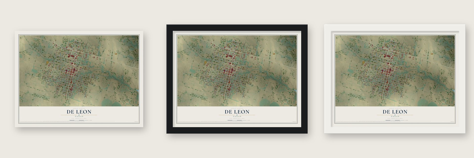 De Leon, Texas map unframed, in a black wood frame and in a white wood frame