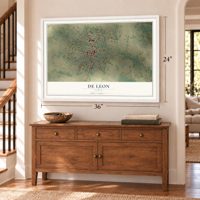 De Leon, Texas map, 24 x 36 inch print in a white frame above a dresser by a staircase