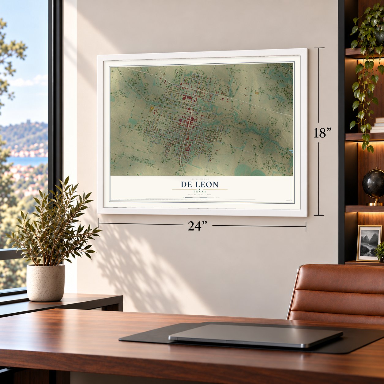 De Leon, Texas map, 18 x 24 inch print in a white frame in a home office