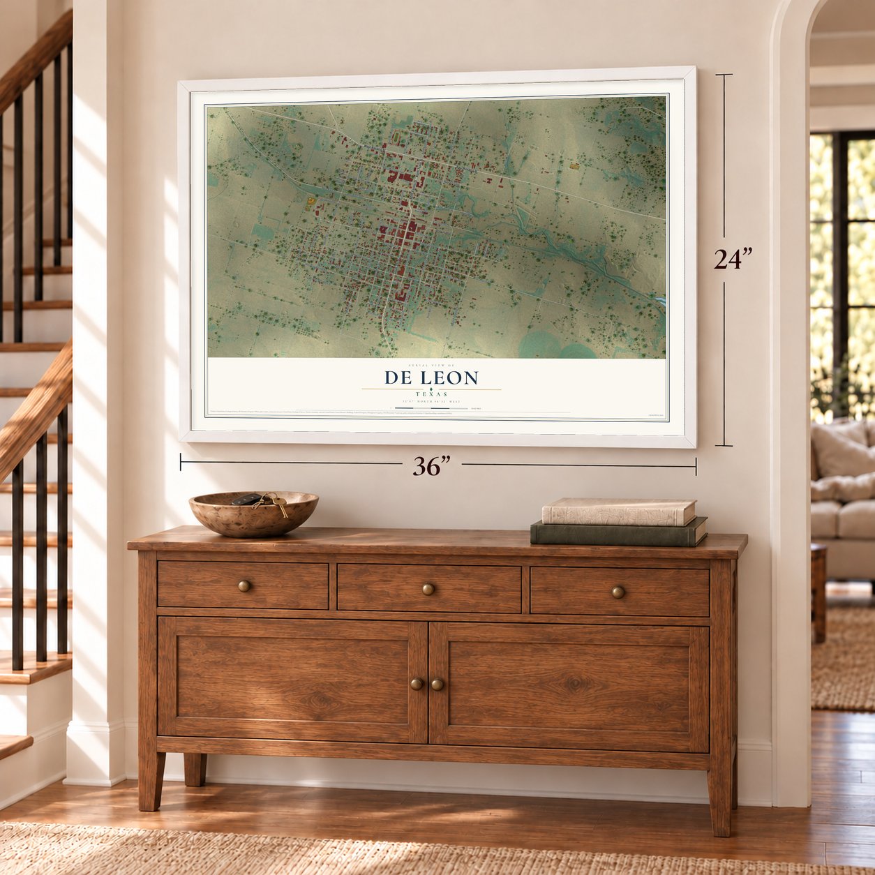De Leon, Texas map, 24 x 36 inch print in a white frame above a dresser by a staircase