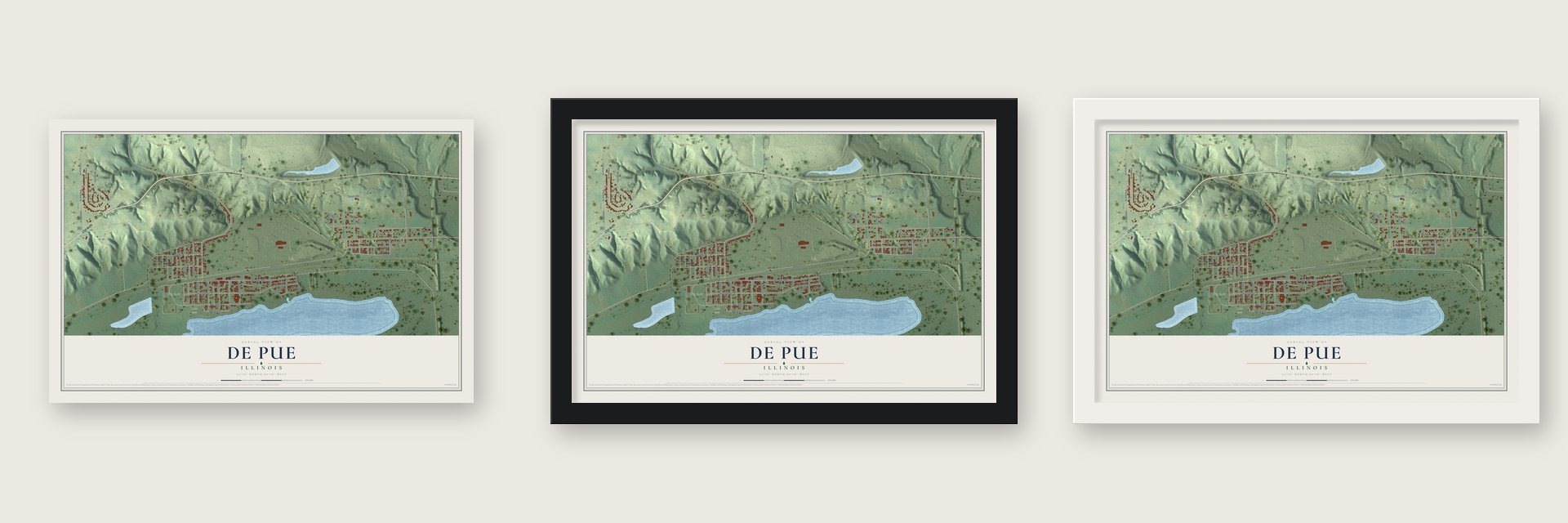 De Pue, Illinois map unframed, in a black wood frame and in a white wood frame