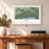 De Pue, Illinois map, 12 x 18 inch print in a white frame in an entryway