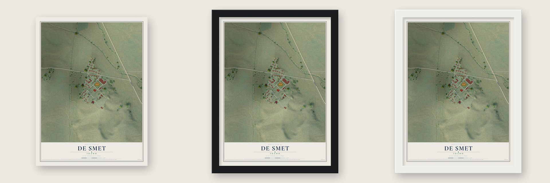 De Smet, Idaho map unframed, in a black wood frame and in a white wood frame