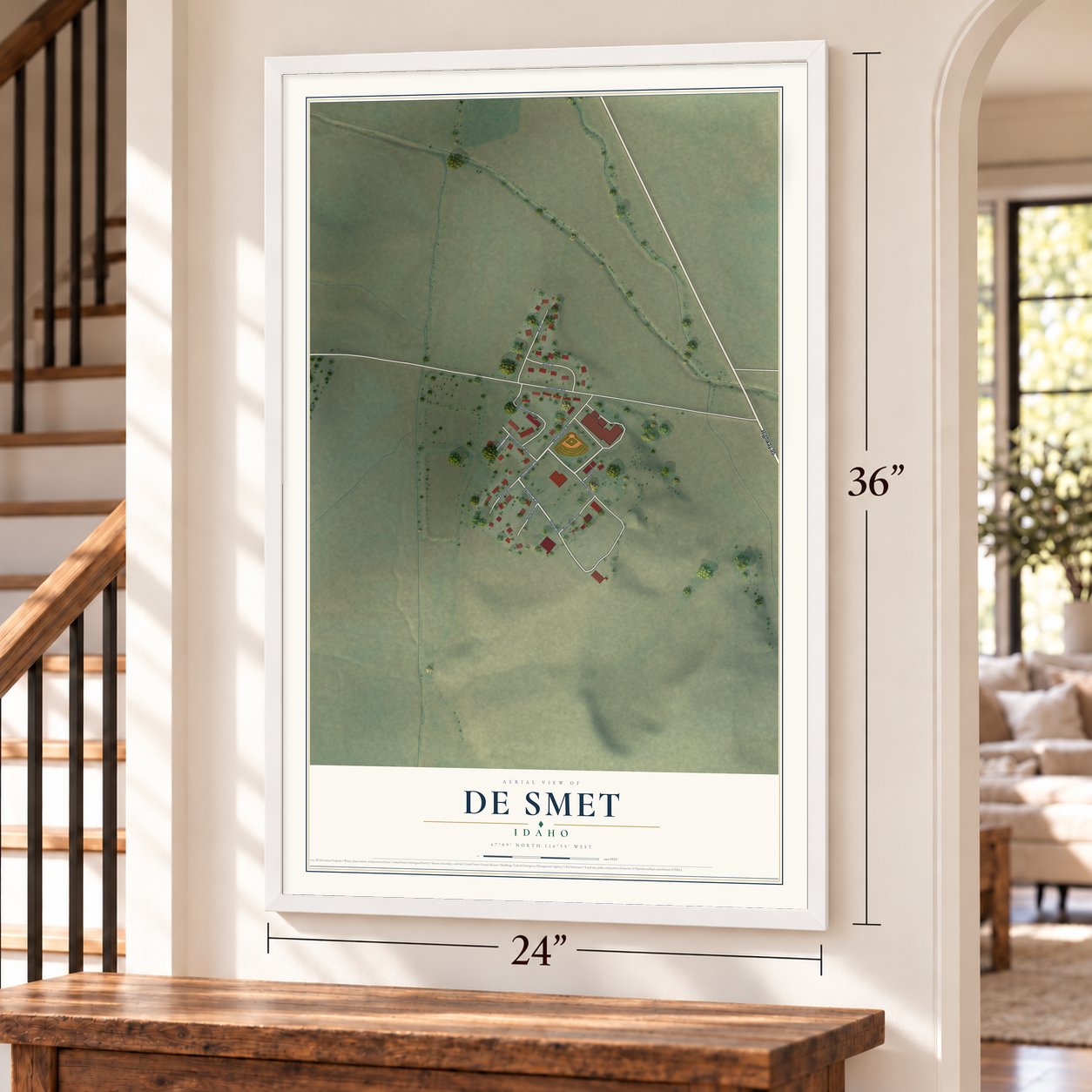 De Smet, Idaho map, 24 x 36 inch print in a white frame by a staircase