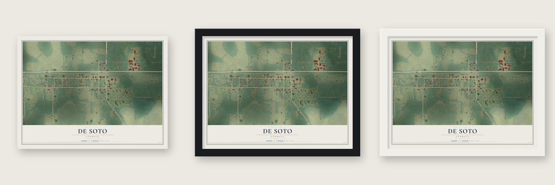 De Soto, Georgia map unframed, in a black wood frame and in a white wood frame