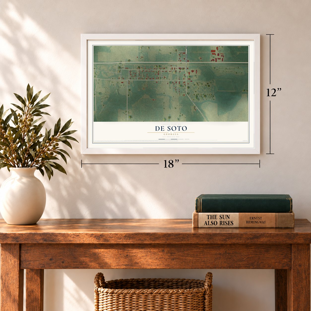 De Soto, Georgia map, 12 x 18 inch print in a white frame in an entryway