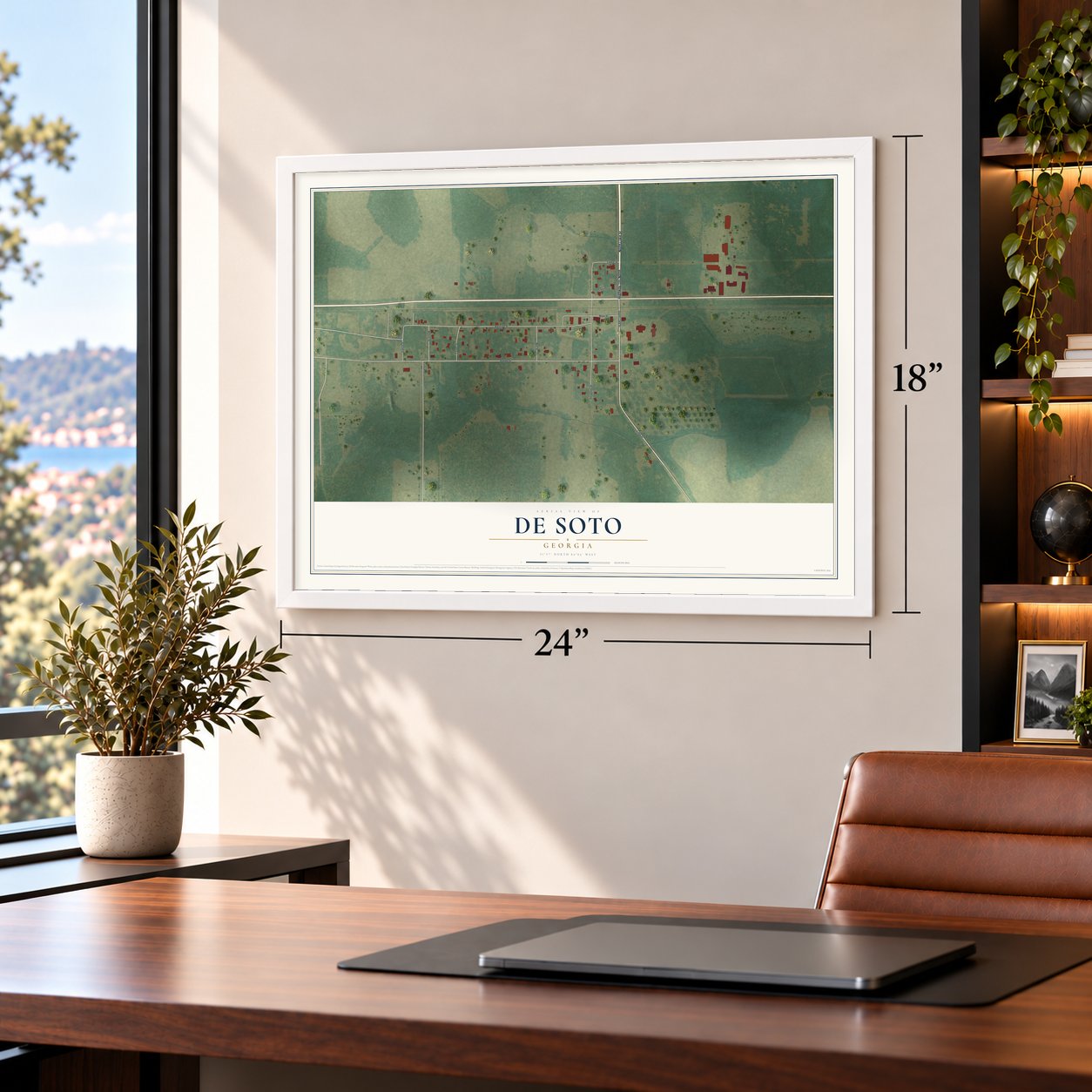 De Soto, Georgia map, 18 x 24 inch print in a white frame in a home office