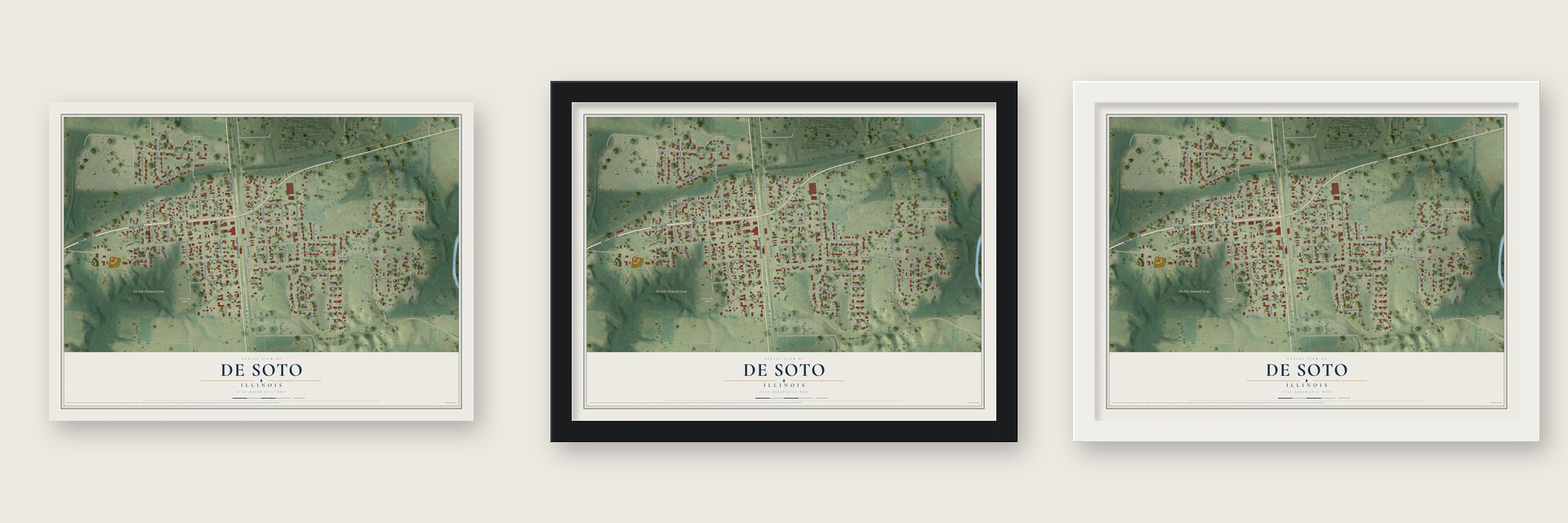 De Soto, Illinois map unframed, in a black wood frame and in a white wood frame